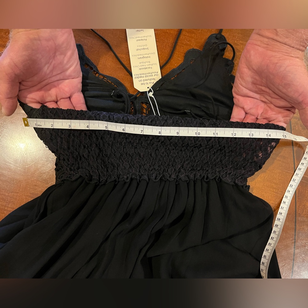 Lace bodice mini black dress. V-neck, A-silhouette skirt, uneven hem. NWT. Sz S - Picture 14 of 16